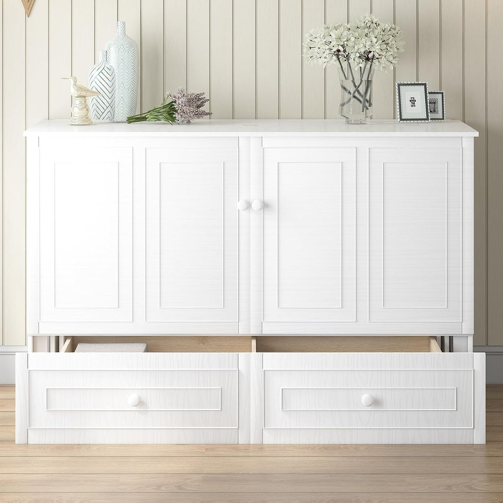 BALUS Queen Size Cabinet Murphy Bed, Modern Murphy Beds for Bedroom, Adults Chest Cabinet Wall Bed with Built-in USB Charging Station, Storage Drawer for Living Room, No Mattress(White)