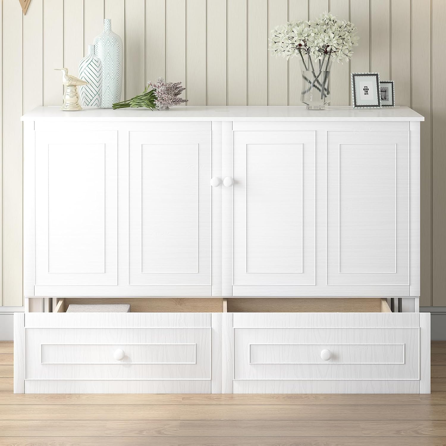 BALUS Queen Size Cabinet Murphy Bed, Modern Murphy Beds for Bedroom, Adults Chest Cabinet Wall Bed with Built-in USB Charging Station, Storage Drawer for Living Room, No Mattress(White)