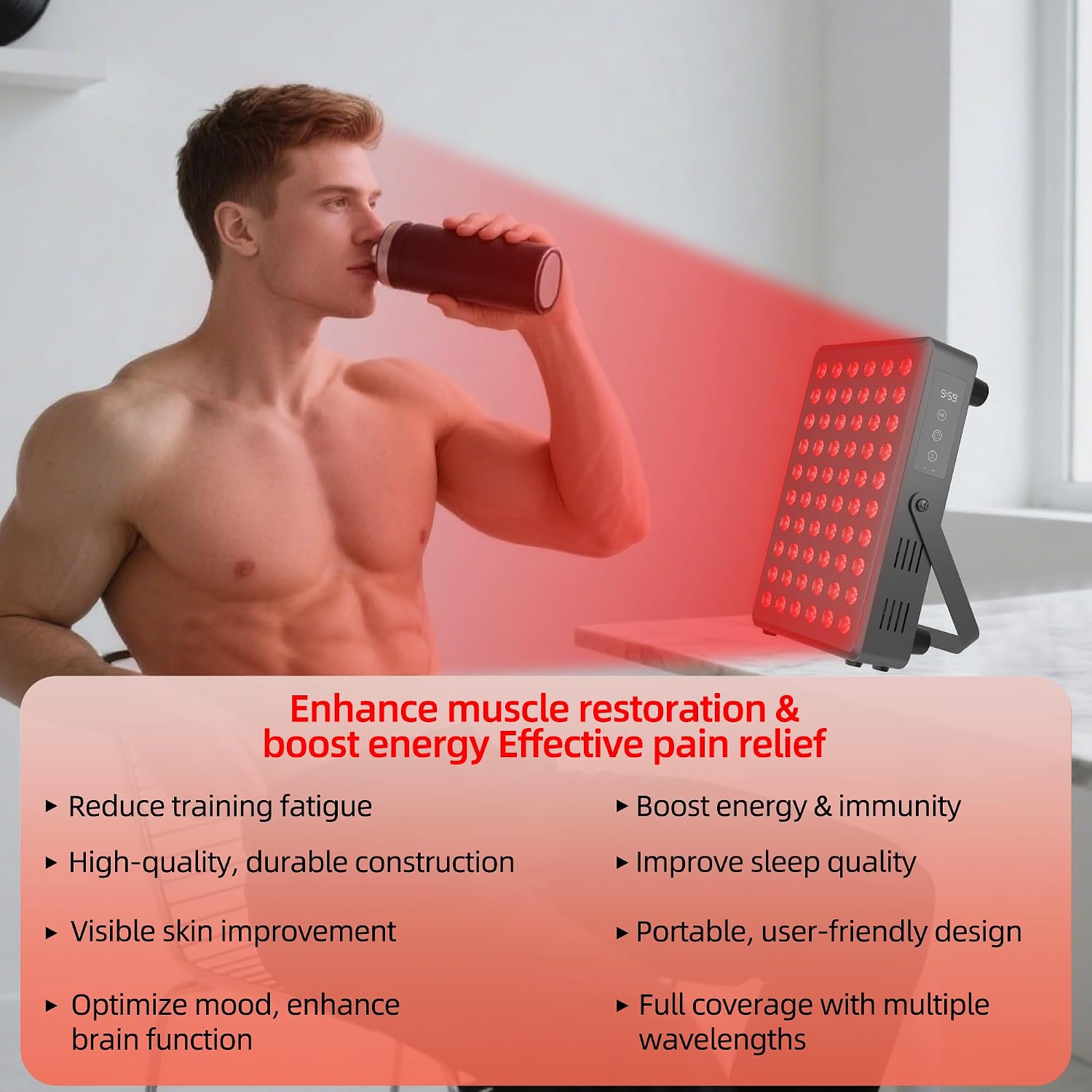 Red Light Therapy Panel for Body and Face, 660nm Red 850nm and Near Infrared Panel Built-in Timer, 60 LEDs High Power, Promote Sleep, Improve The Body, Relieve Muscle Fatigue（E300-Black)