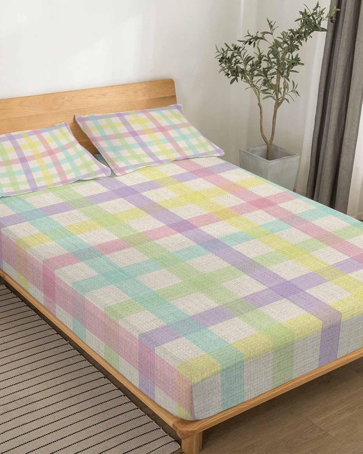 Green Beige Plaid Cal King Sheet Set 4 Piece Bedding - Farmhouse Art Checkered Rustic Breathable Comfy Cooling Bed Sheets & Pillowcase Sets, Hotel Luxury Flat Sheets Deep Pockets Fitted Sheet