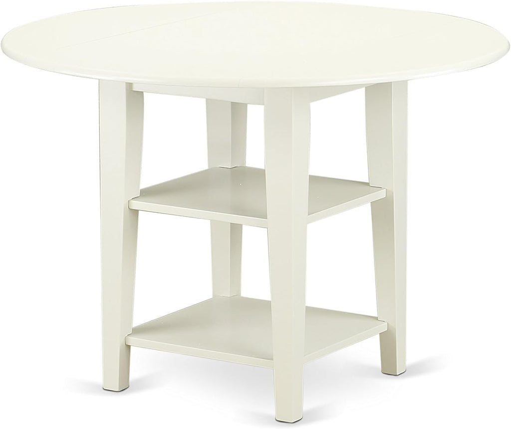 East West Furniture SUGR5-LWH-W 5 Piece Dining Table Set for 4 Includes a Round Kitchen Table with Dropleaf & Shelves and 4 Kitchen Dining Chairs, 42x42 Inch, Linen White