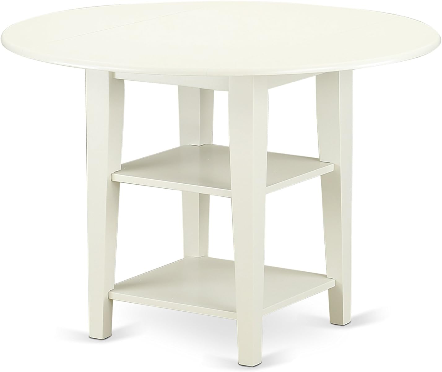 East West Furniture SUGR5-LWH-W 5 Piece Dining Table Set for 4 Includes a Round Kitchen Table with Dropleaf & Shelves and 4 Kitchen Dining Chairs, 42x42 Inch, Linen White