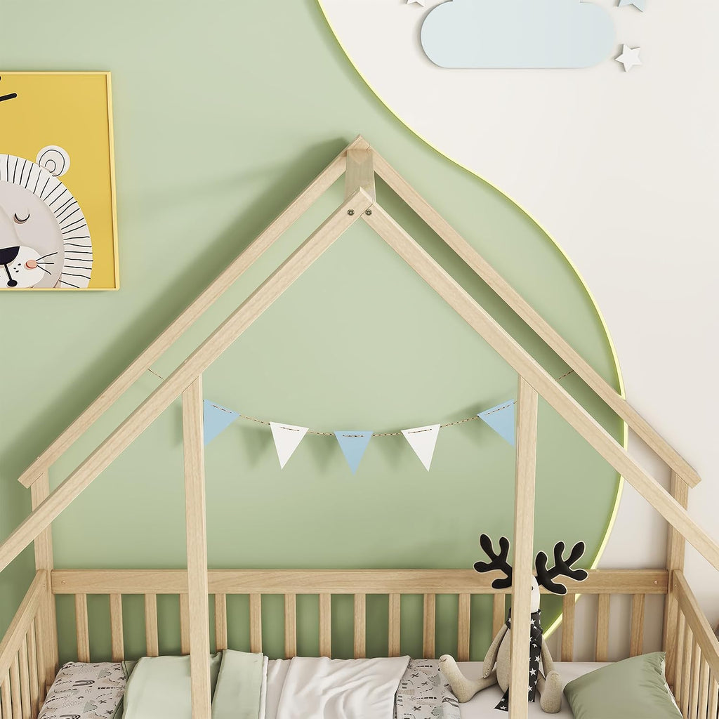 JIVOIT House Bed Twin Size Floor Bed, Wood House-Shaped Floor Bed with Fence Guardrails, Wood House Roof Frame, Montessori Bed Frame (Natural-Twin,129)