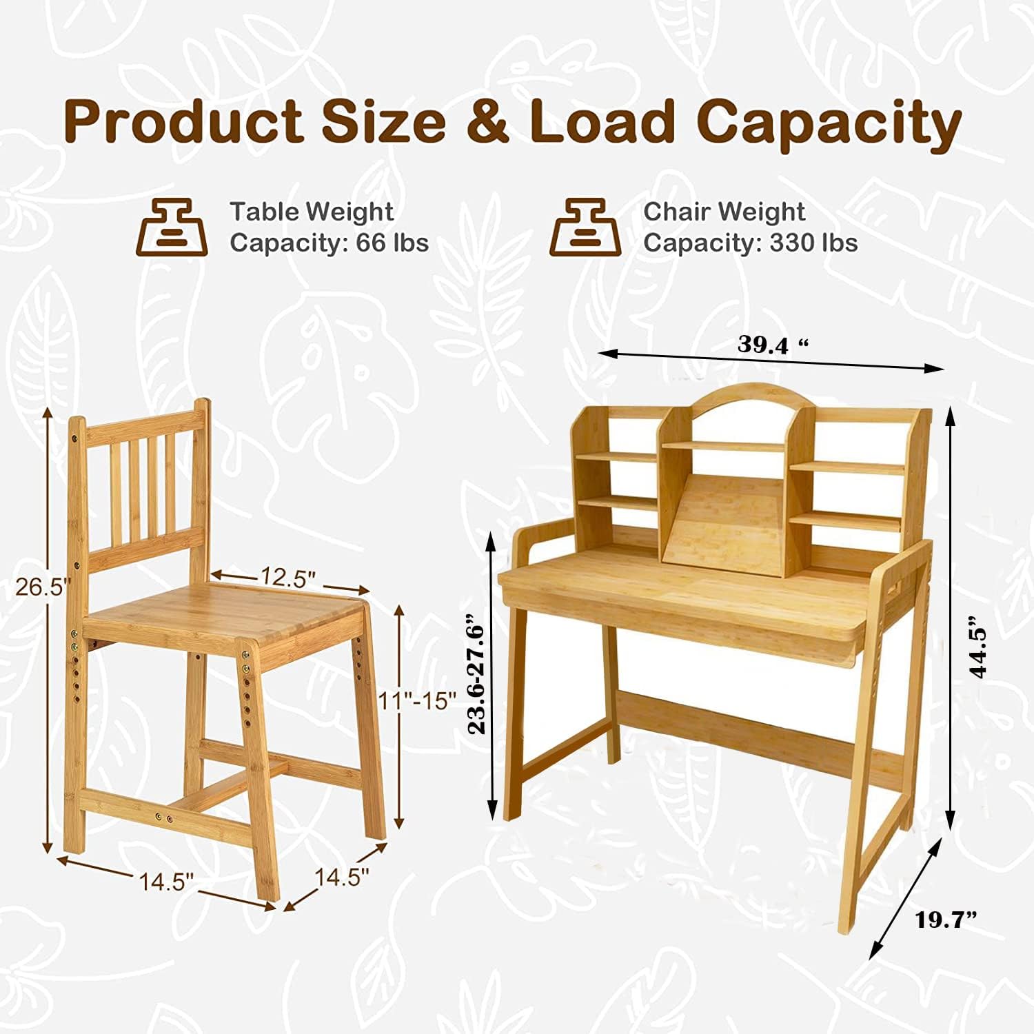 UNICOO Kids Desk and Chair Set, Height Adjustable Bamboo Study Desk with Storage Hutch and Bookshelf, Wooden Writing Table for Toddlers and Kids, Easy-Clean Surface, Natural (02)