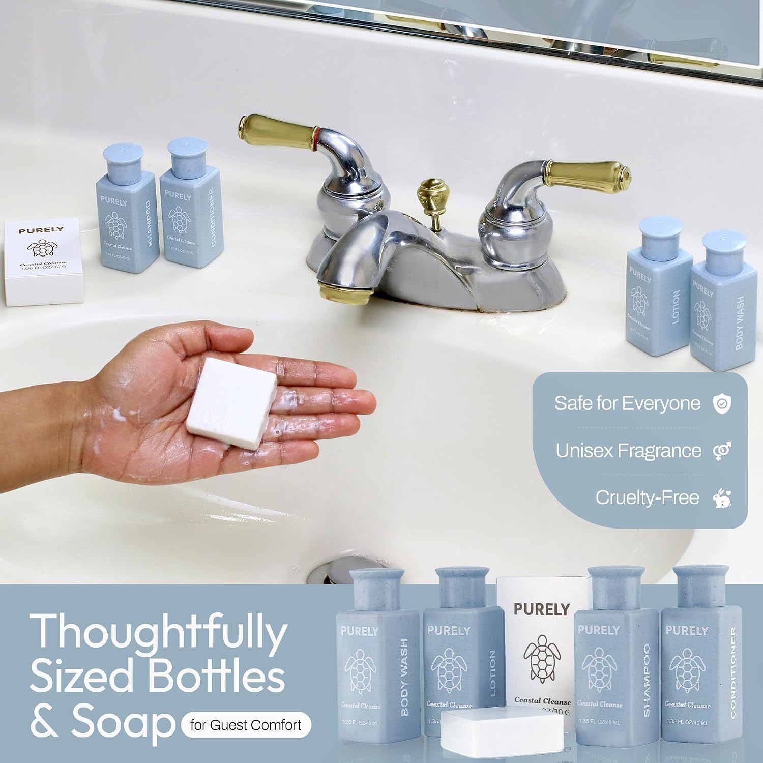 Purely | 150pc set | Hotel Soaps and Toiletries Bulk set | Airbnb Essentials for Hosts | Mini Travel Size Shampoo and Conditioner Sets | Bulk Travel Size Toiletries | Homeless Supplies Bulk