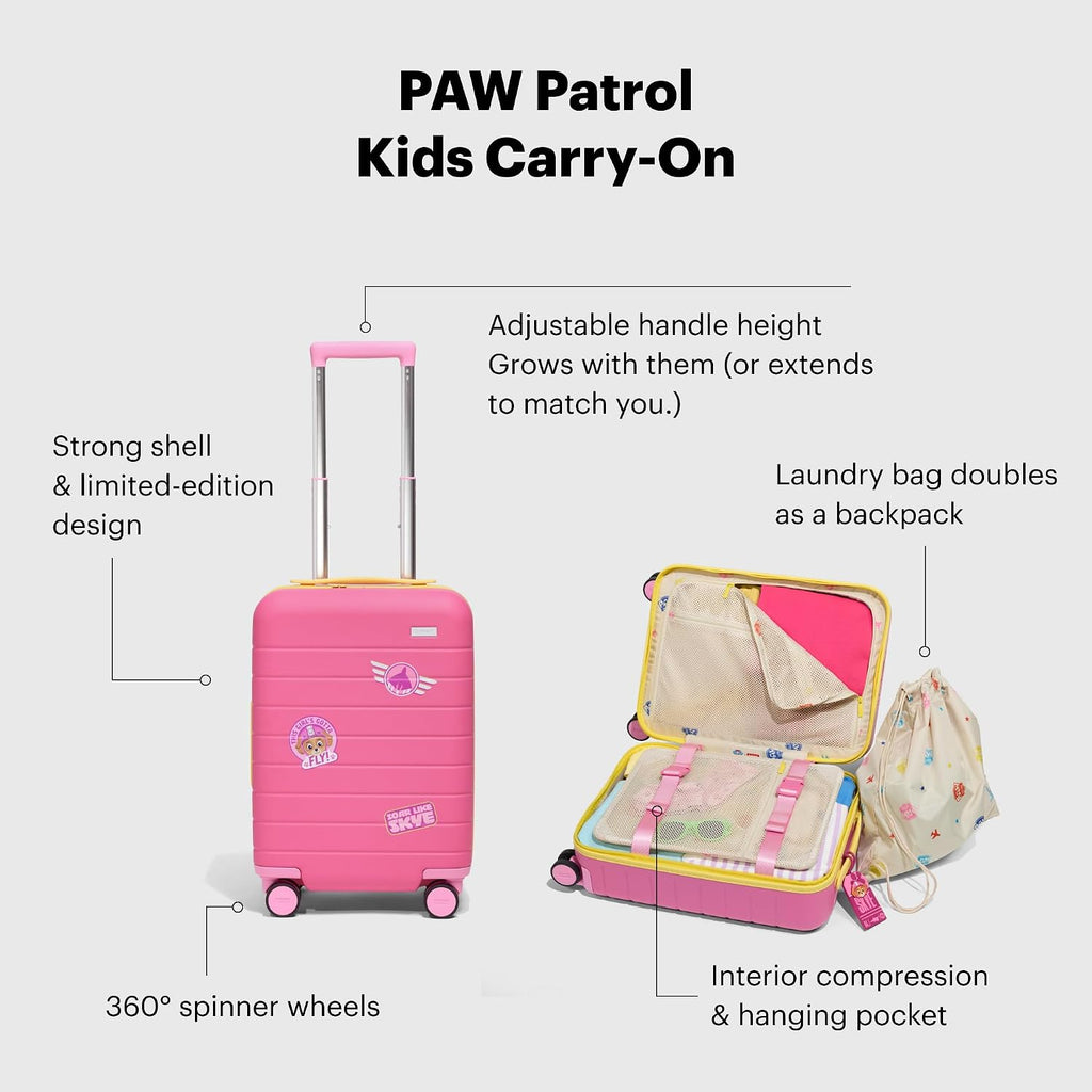 Away PAW Patrol Kids Carry On Luggage, Lightweight Rolling Suitcase for Children, TSA-Approved, Spinner Wheels, Travel Suitcase for Toddlers & Kids, Skye Pilot Pink