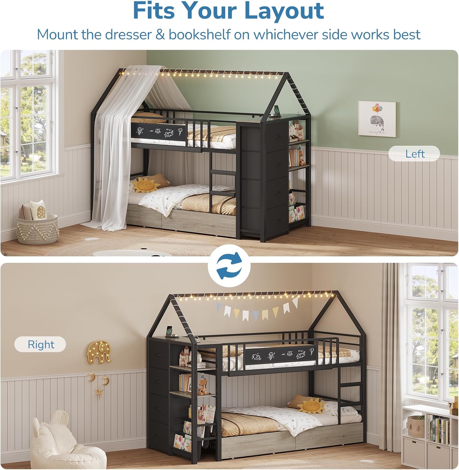 Twin Bunk Bed for Kids with 6 Storage Drawers, Montessori Bookshelf, House Shaped Bed with Globe String Lights and USB Ports, Metal Low Bunk Bed Twin Over Twin with Safety Guardrail and Ladder, Black