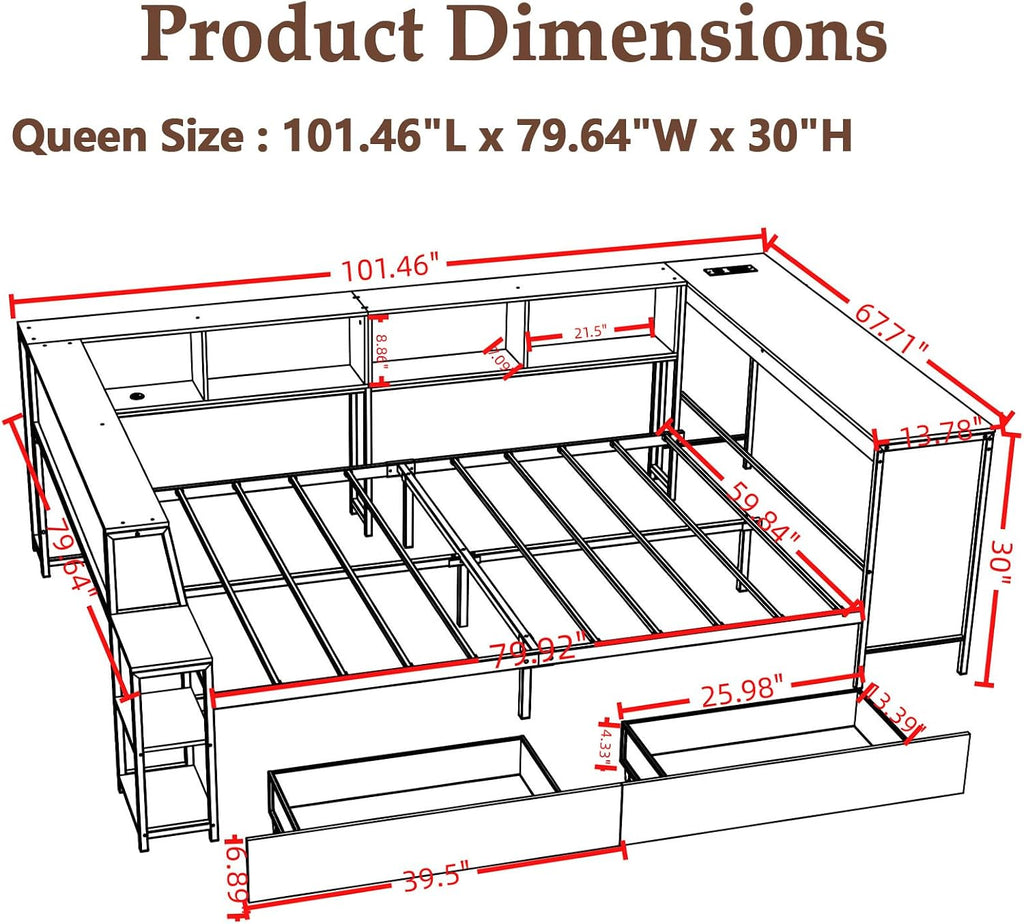 Full Corner Bed Frame with Storage Drawers, Modern Metal Day Bed Frame & L Shaped Bedframe with Led Lights/Charging Station/Bookcase/Desk (White, Queen)