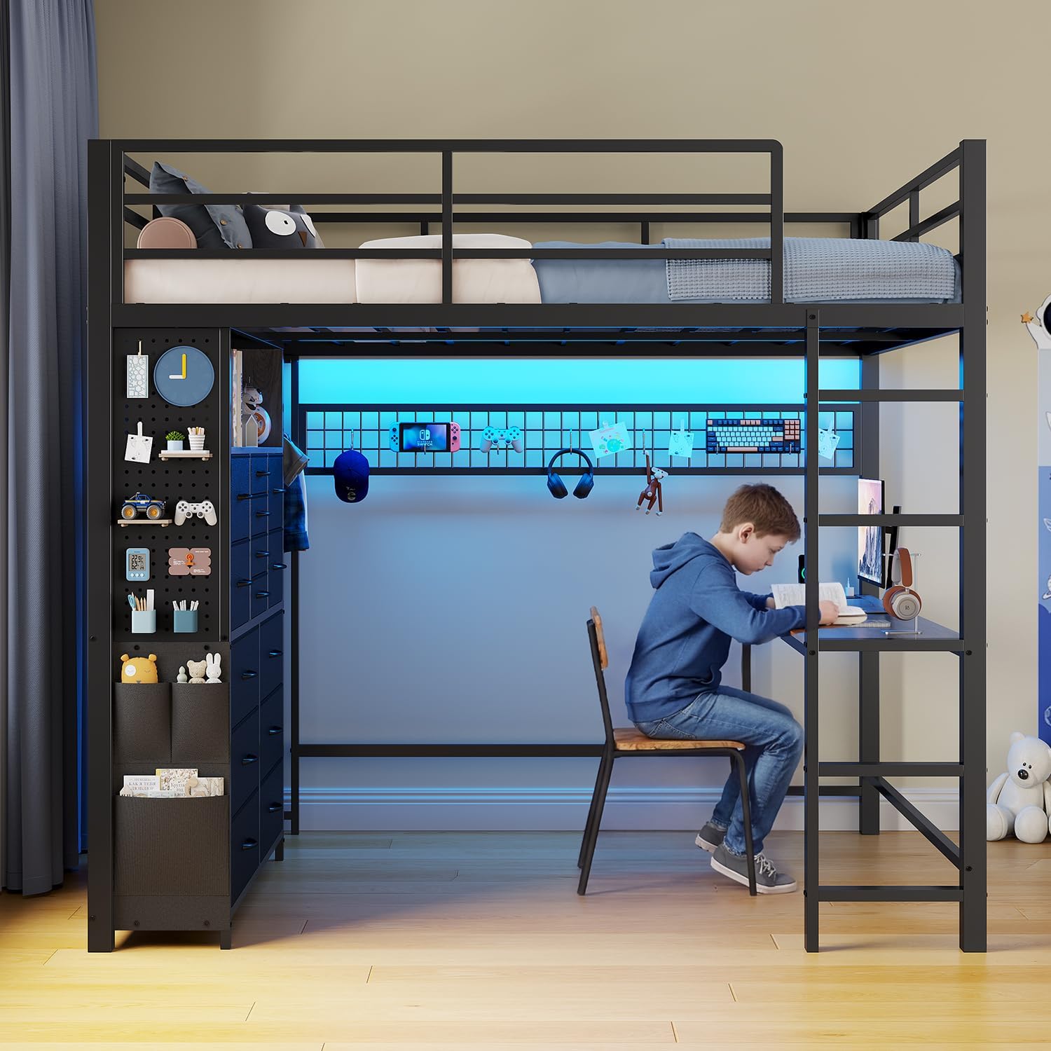 ADORNEVE Full Size Loft Bed with Desk,14 Storage Drawers & Power Outlet, Full Loft Beds with LED Lights, Pegboard, Metal Loft Bed with Safety Guardrail & Ladder, Space Saving for Teens, Black
