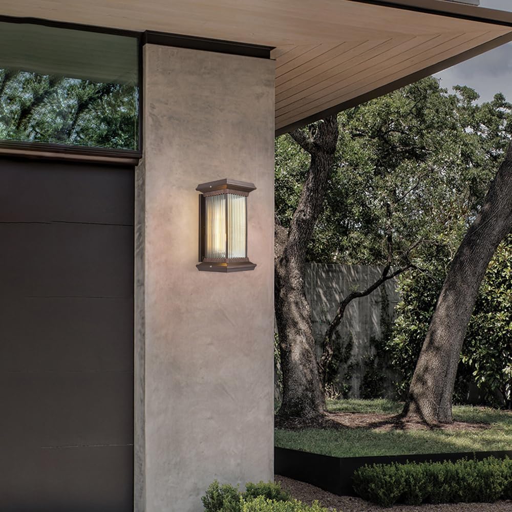 Solar Wall Light Outdoor Lantern Wall Sconce Waterproof Front Porch Lamp Exterior Wall Mount Lighting Fixture with Ribbed Glass for Patio Garage Garden Barn Yard House
