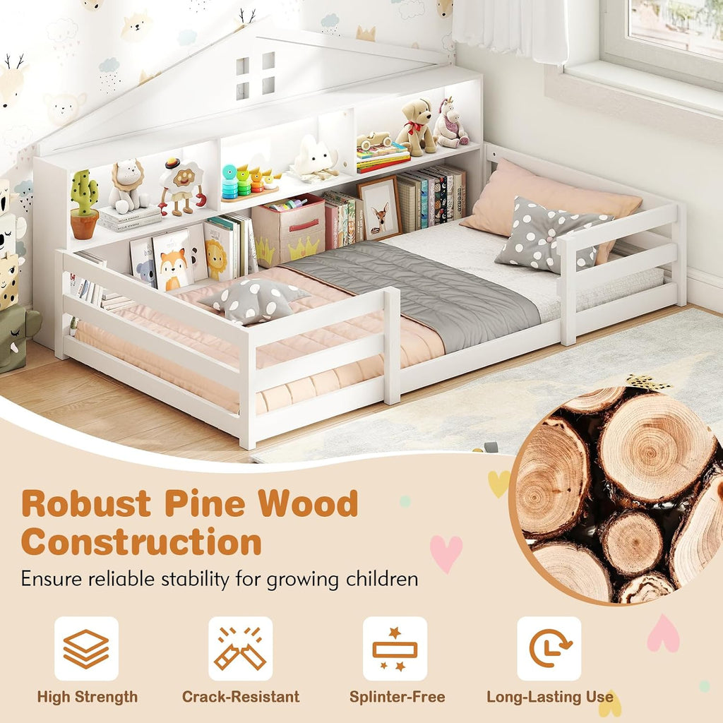 Giantex Twin Size Montessori Floor Bed with LED Lights, 2-in-1 Wooden House Bed Frame with Safety Guardrails, Storage Compartments & Shelf, No Box Spring Needed, Without Slats, White