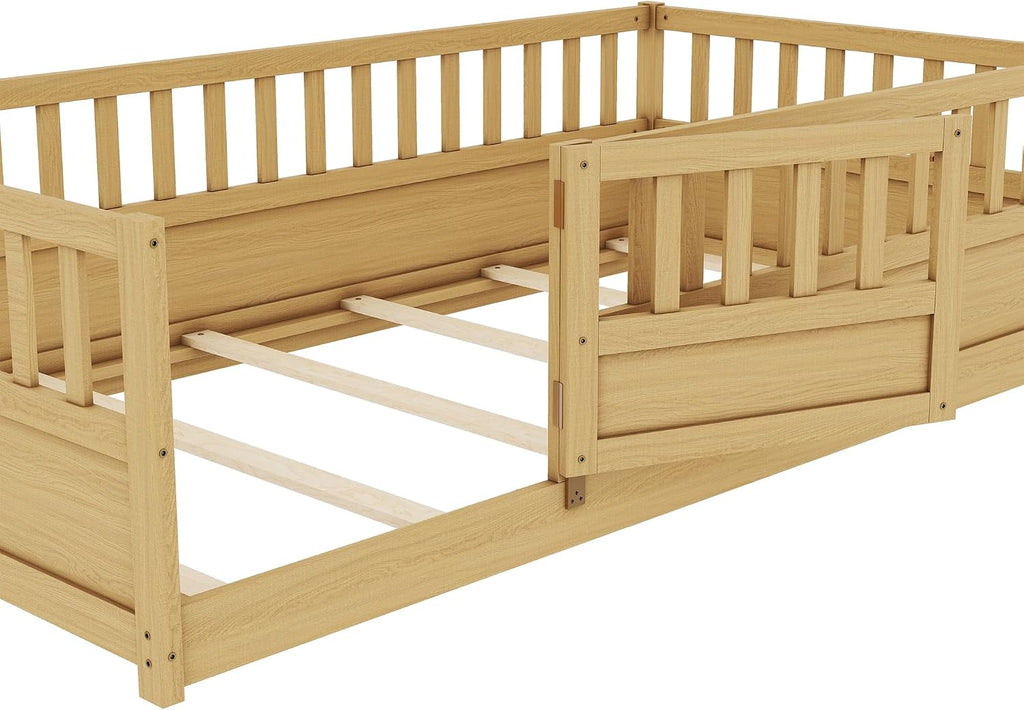 Bellemave Twin Size Floor Bed with Fence and Door, Montessori Floor Bed with Slats, Twin Size Montessori Beds for Kids, Girls, Boys, Natural
