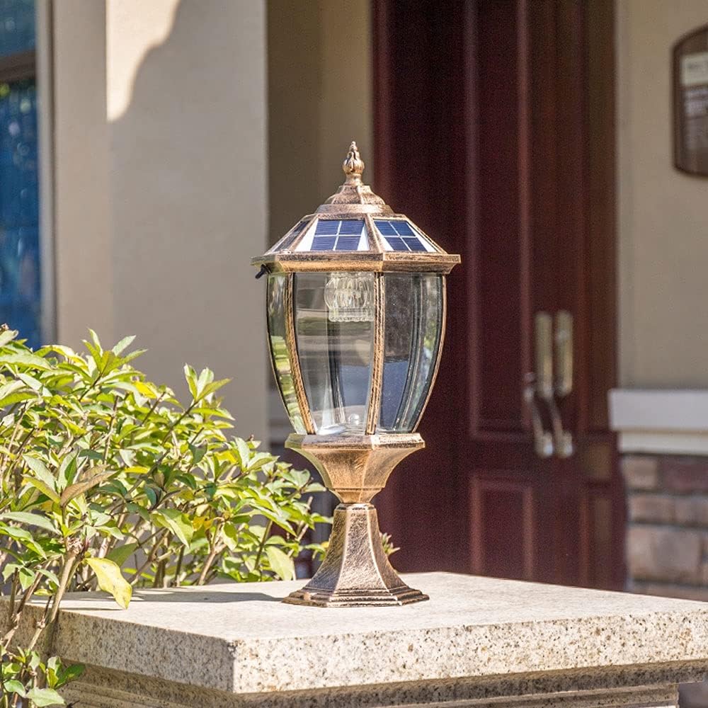 LED Solar Post Pillar Lantern Vintage Outdoor, Classic Glass Shade Aluminum Exterior Column Lamp, IP65 Bollard Lamps Outdoor Pedestal Lights Garden Landscape Lawn Lantern (Color : Brown-3000K)
