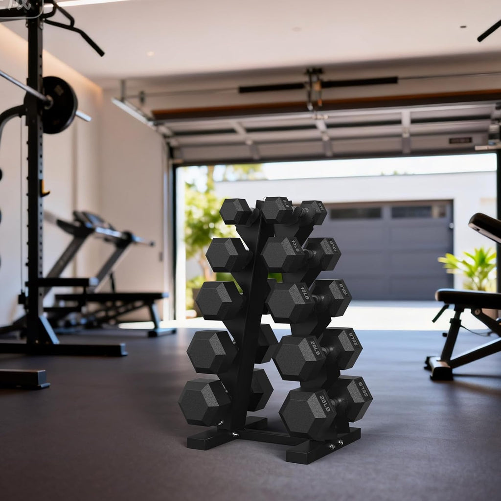 PAPABABE Dumbbell Set Rubber Encased Hex Dumbbell Free Weights Dumbbells Set Home Weight Set- 140 lb Set (Pair of 5, 8, 10, 12, 15, 20 lb with Rack)