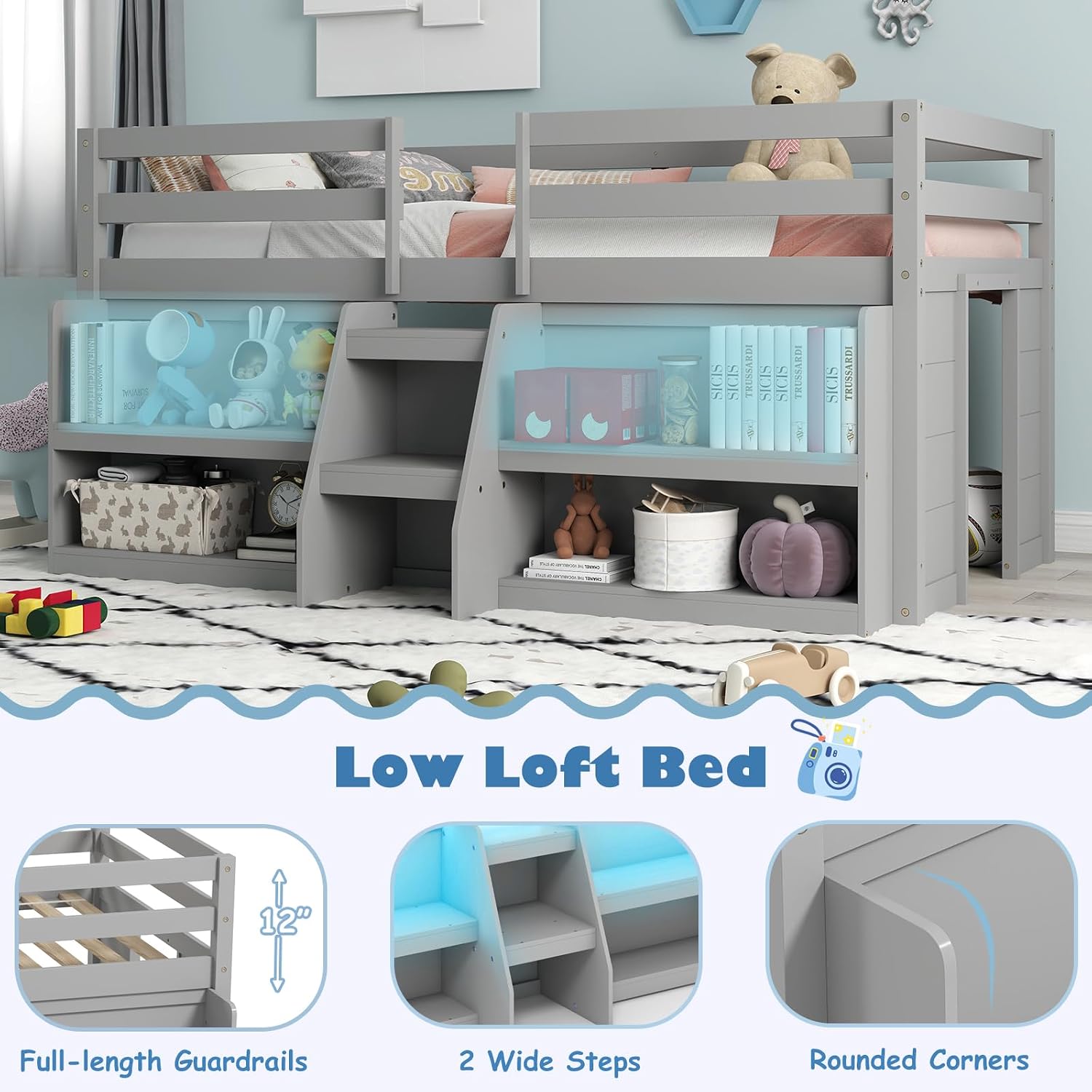 KOMFOTT Low Loft Bed with LED Light & 2 Bookcases, Wood Kids Twin Bed with Under-Bed Play Space, Stairs & Guardrails, No Box Spring Needed, Modern Low Loft Bed Frame, Grey