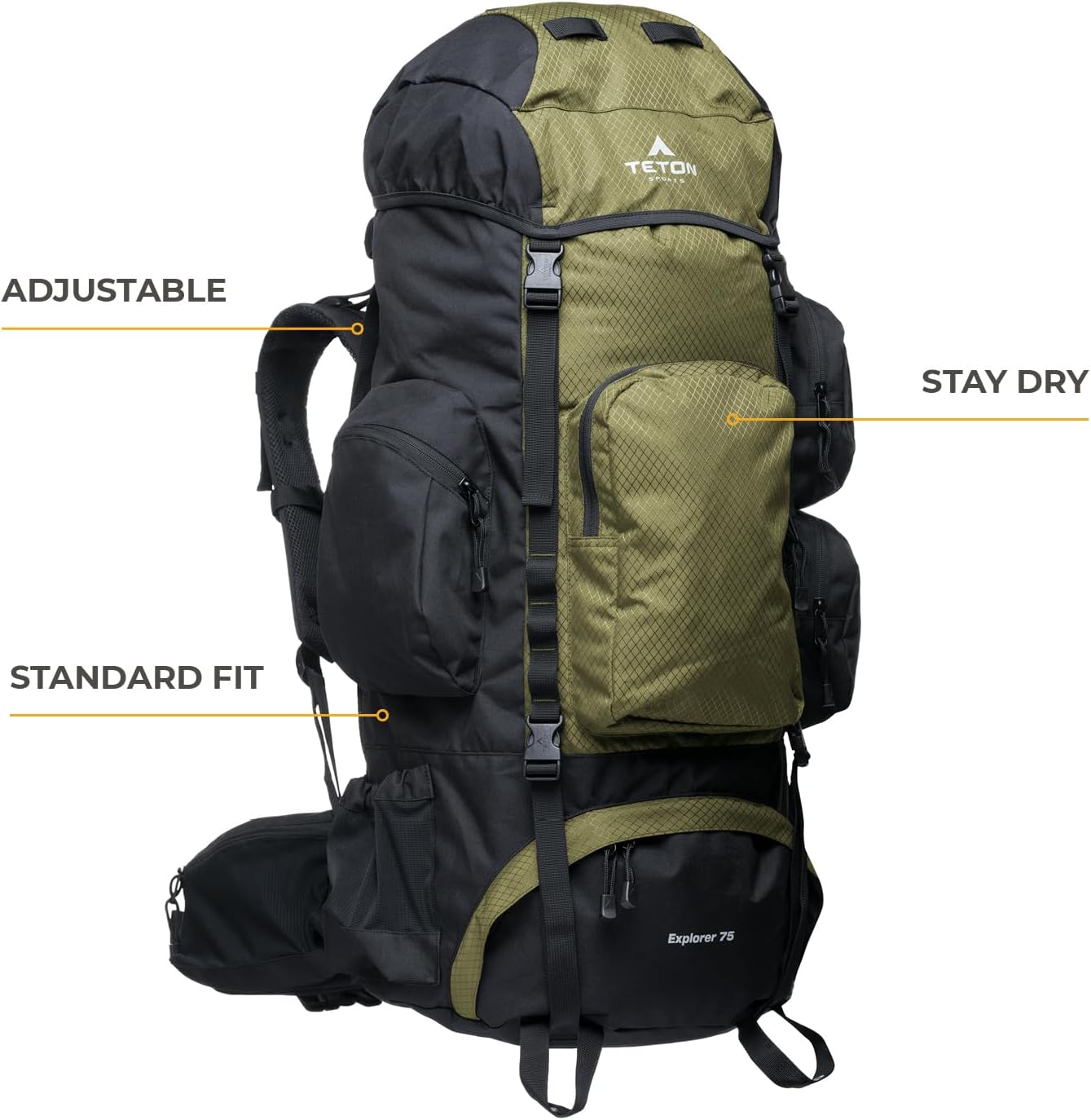 Teton 75L Explorer Internal Frame Backpack for Hiking, Camping, Backpacking, Rain Cover Included, Olive