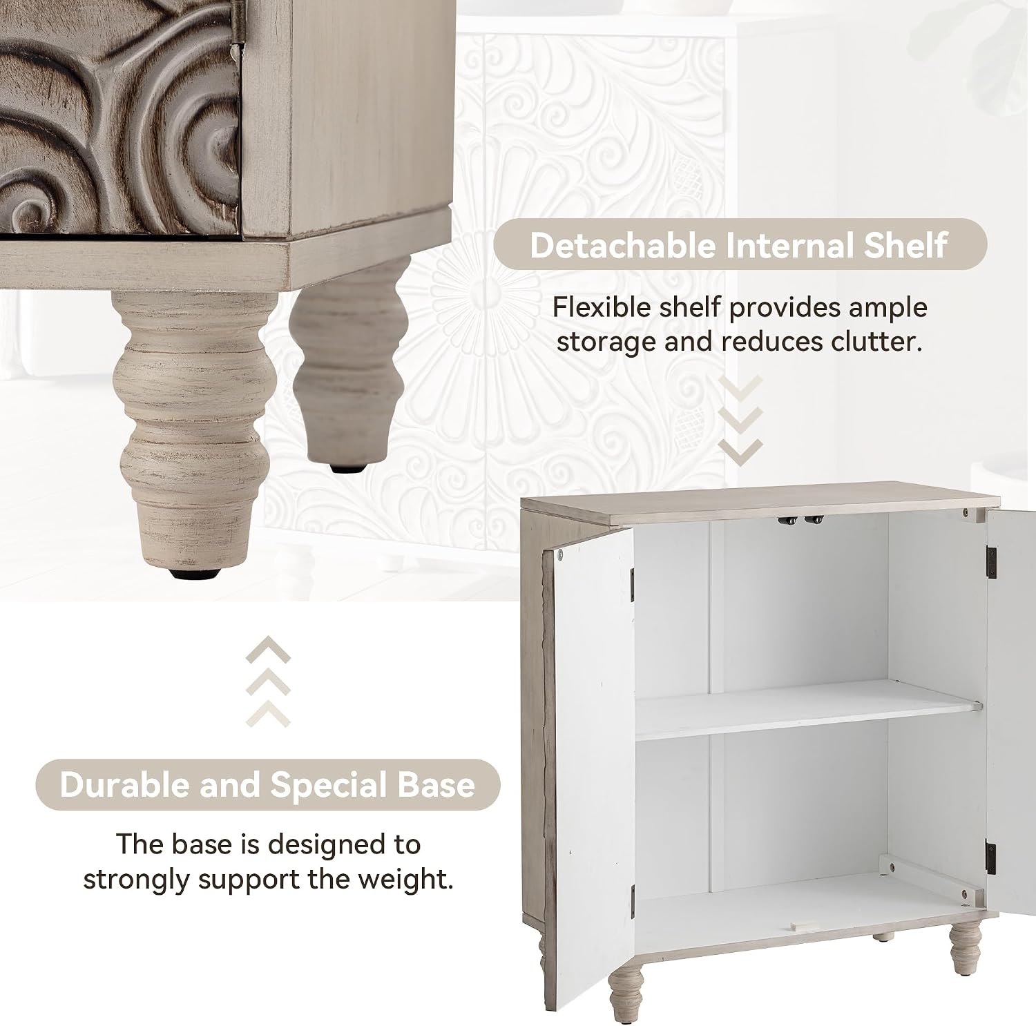 COSIEST Set of 3 32' Buffet Sideboard Cabinets with Storage, Accent Cabinet with Push-to-Open Doors, Vintage Flower Carved Pinewood Doors, Entryway Console for Living Room, Kitchen, Hallway, Gray