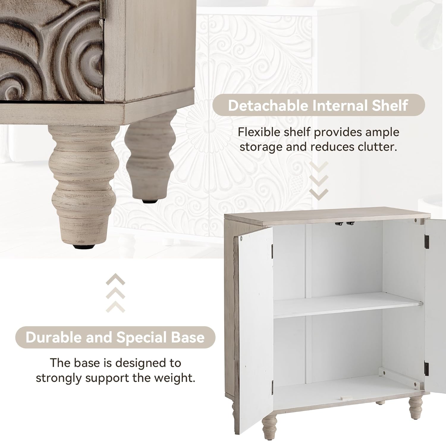 COSIEST 32' W Sideboard Buffet Cabinet with Storage, Accent Cabinet with 2 Push-to-Open Magnetic Doors, Vintage MDF Buffet Table for Living Room, Kitchen, Hallway (Gray,Flower Pattern)
