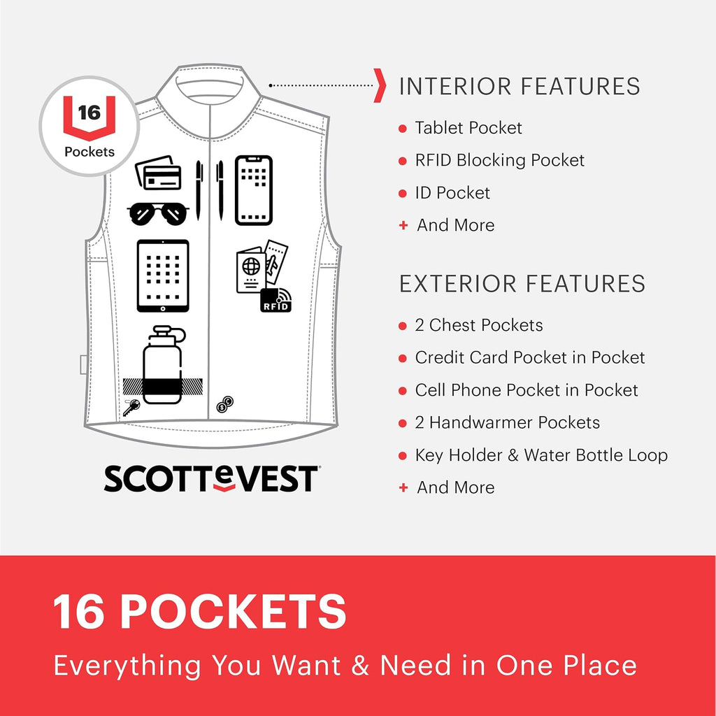 SCOTTeVEST LightEST Vest for Men - 16 Hidden Pockets - Lightweight Water Repellent for Travel & More