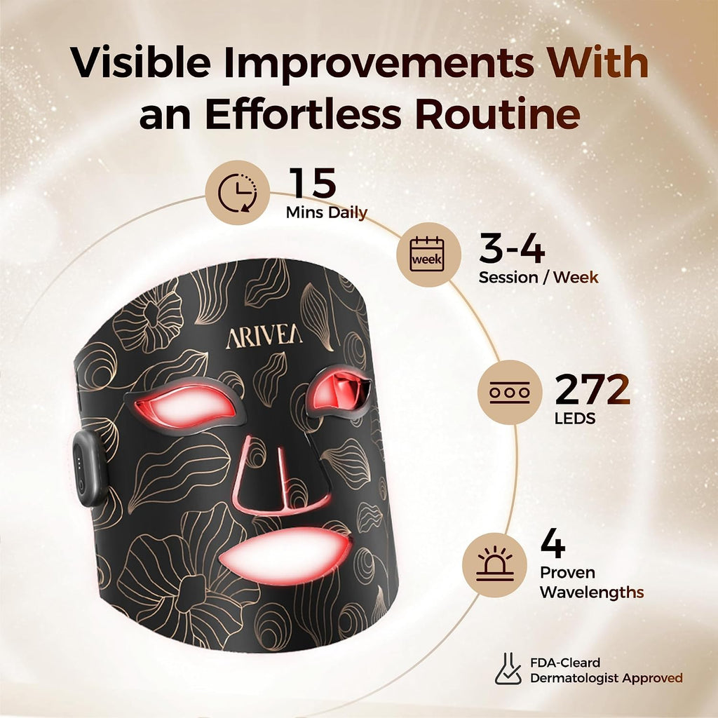 ARIVEA Red Light Therapy Mask for Face – Portable Wireless LED Face Mask with 3 Modes (Red, Blue, Infrared 850nm), Cordless Anti-Aging Light Therapy for Wrinkle Reduction, Acne Care & At-Home Skin