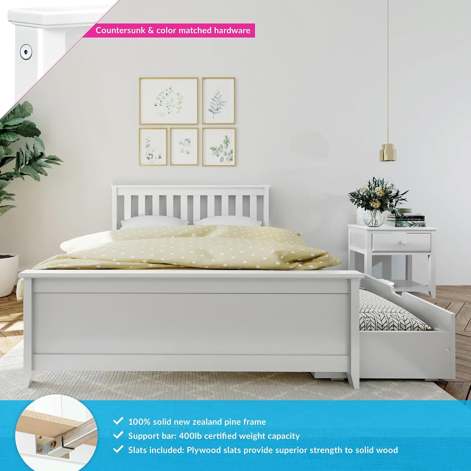 Max & Lily Classic Full Bed, Slatted Headboard, with Storage Drawers, White