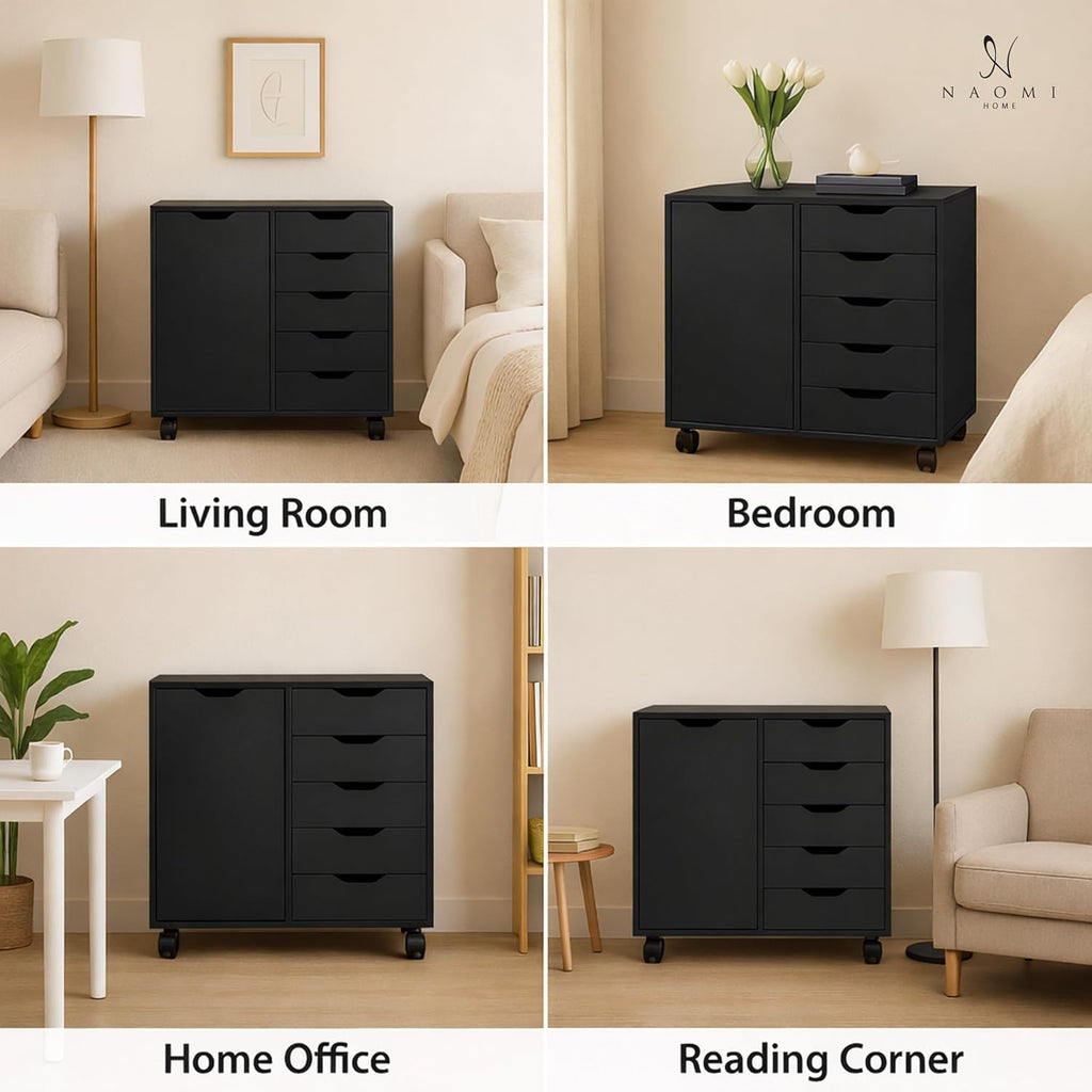 Naomi Home Rolling Storage Cabinet with 5 Drawers & Side Cabinet, Engineered Wood Organizer with Shelves, Handle-Free Design & Swivel Casters for Home Office, Kids Room & Entryway - Black