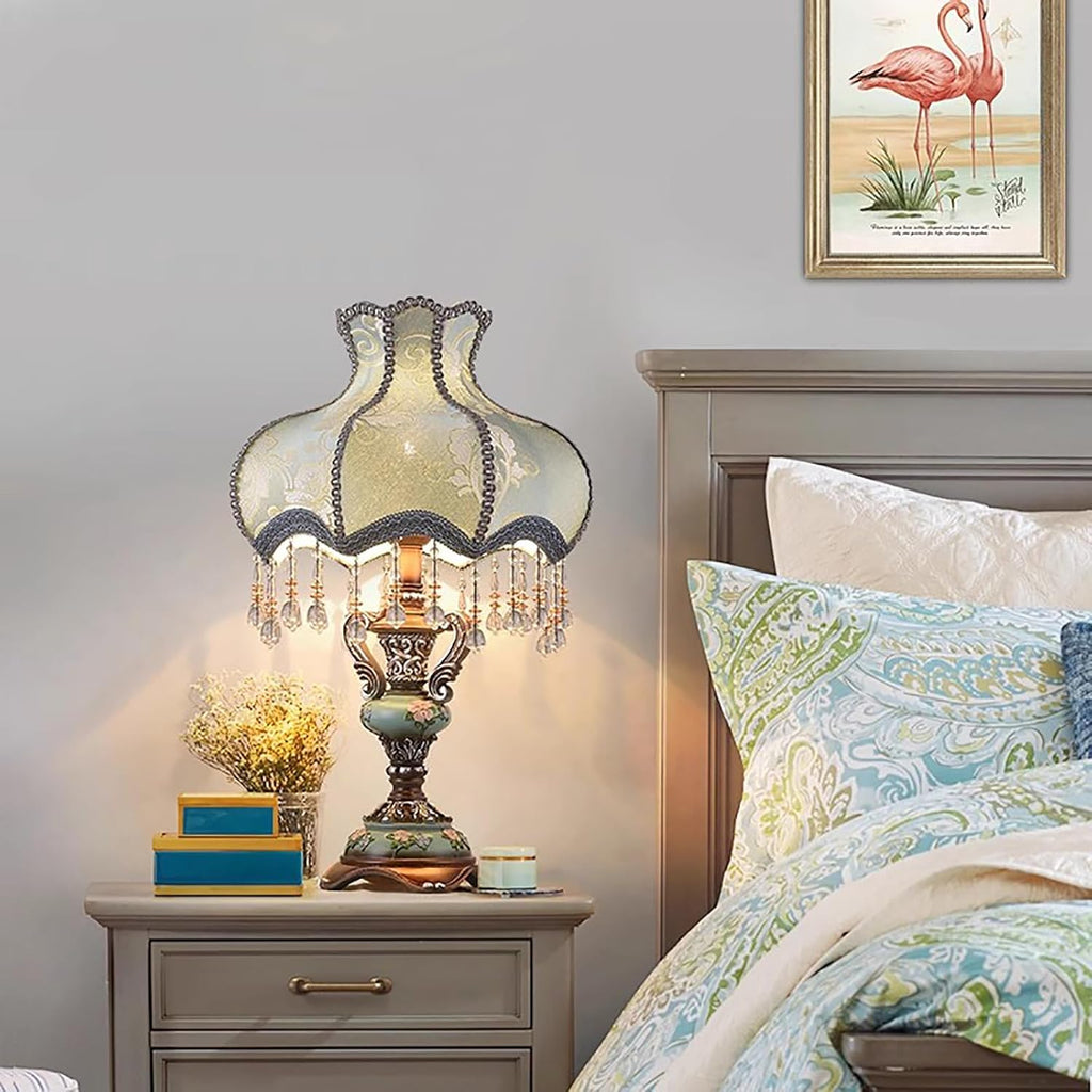 Victorian Lamp Antique Table Lamp with Lace & Fringe,Vintage Fabric Table Lamp with Shade,European Pastoral Night Stand Flower Floral Lamp Table Light for Bedroom Living Room
