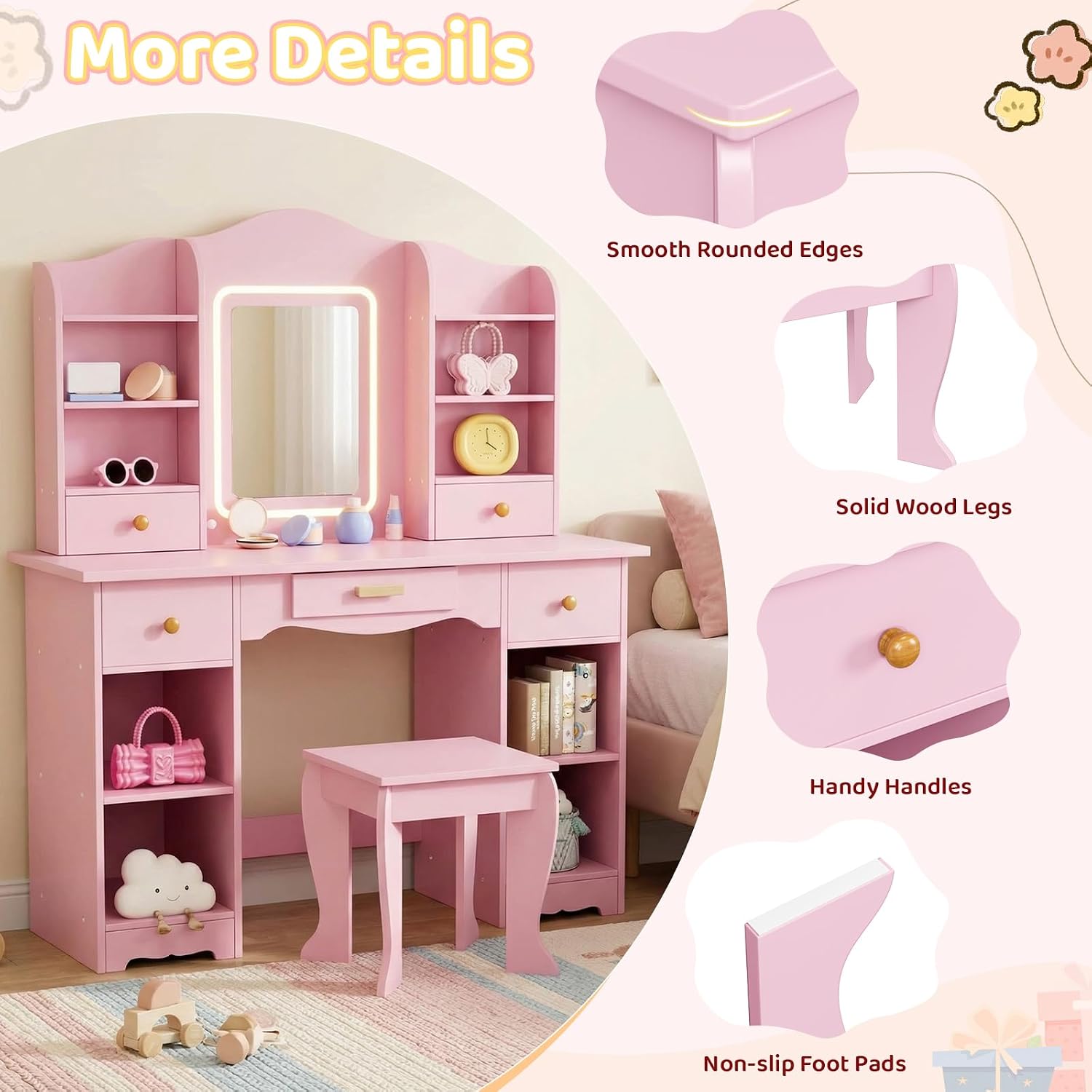 Arlopu Kids Vanity with 3-Color Lights, Girls Vanity Set w/Large Storage, Mirror ＆ Stool, 2 in 1 Princess Wooden Pretend Play Makeup Desk, Dressing Table and Chair, Open Shelves, Drawer (Pink)