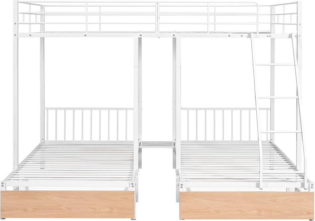 DEINPPA Triple Bunk Bed with Drawers, Can Be Separated into 3 Beds, Full Over Twin & Twin Bunk Bed,Metal Bed for Adult Kids Student Dormitory Bedroom Furniture Set, White