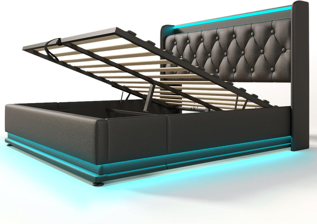Twin Size Upholstered Bed Frame with 360° LED Lights, Hydraulic Storage, USB Charging, Modern Platform Bed with Headboard, Remote App Control for Teen, Guest Room, Small Space (Black + Full)