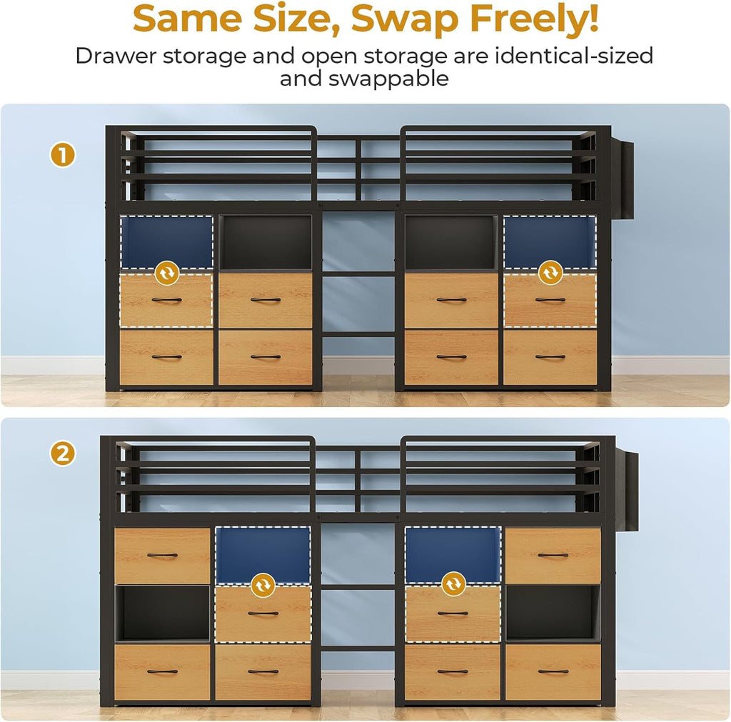 ADORNEVE Low Loft Bed Twin Size with 8 Storage Drawers, Twin Loft Bed with Bookcase and LED Lights, Metal Kids Loft Bed with 14' H Safety Guardrail, Under-Bed Play Space, No Box Spring Needed, Natural