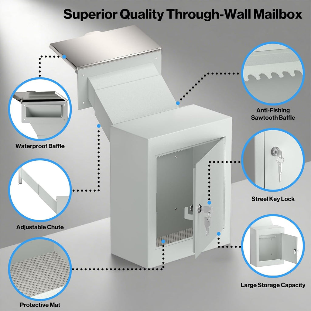 Pochar Through-The-Wall Drop Box with Rainproof Cover | Heavy Duty Through Wall Mailbox with 10-Inch Adjustable Chute | Rainproof Locking Drop Safe for Mail, Rent, Checks, Cash, and Keys(White)