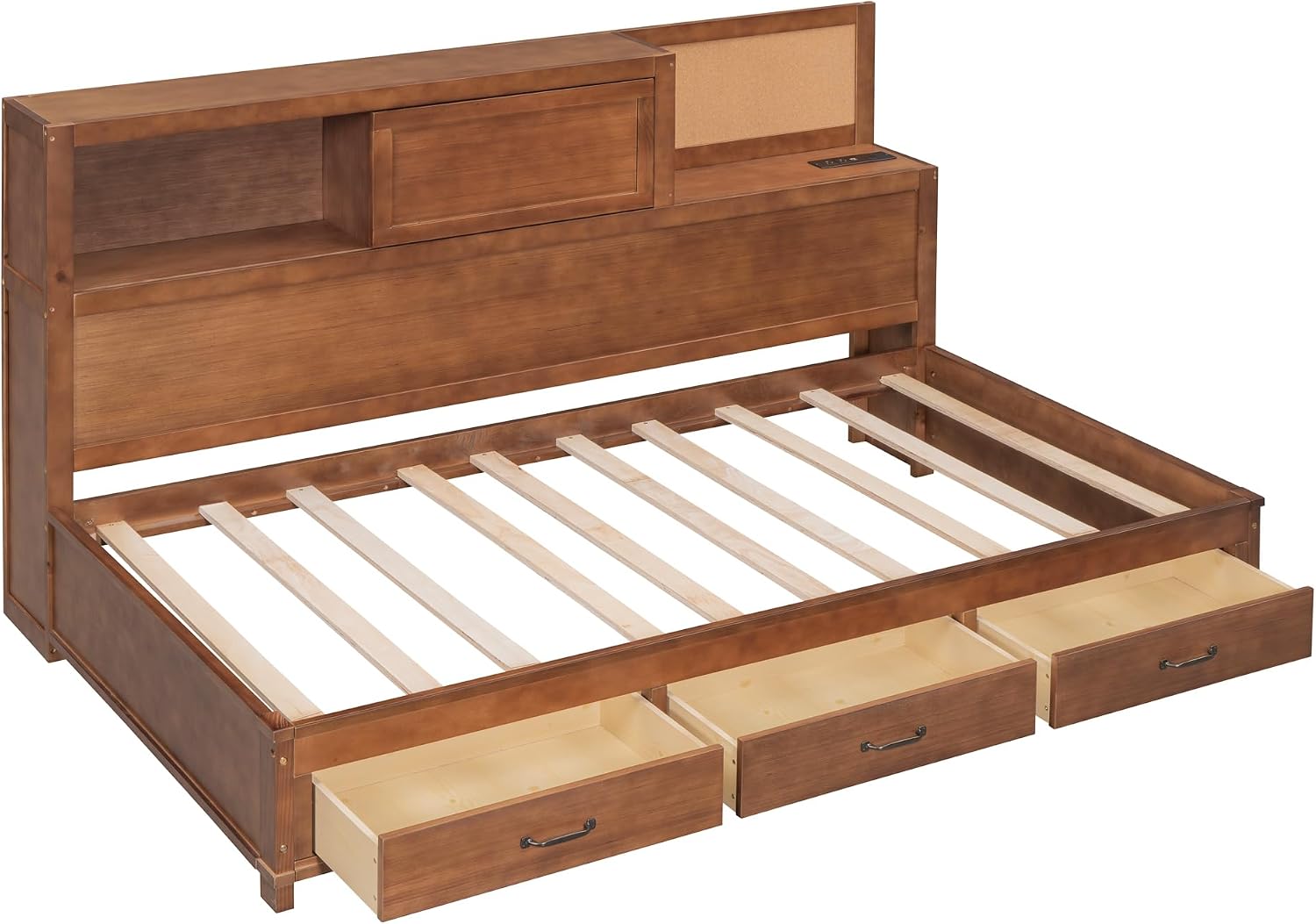 Twin Size Wooden Daybed with 3 Storage Drawers and Shelf, Multi-Functional Sofa Bed Frame with Upper Soft Board, USB Ports and A Set of Sockets for Kids Teens Adults (Brown-OP43)