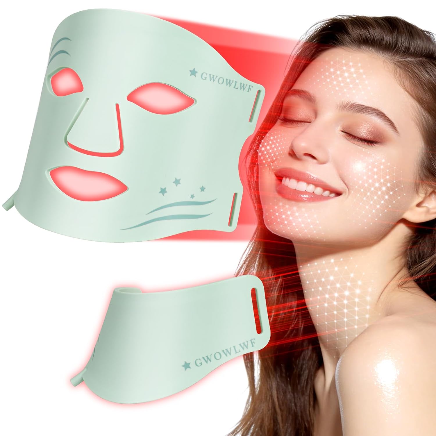 LED Face Mask Light Therapy with Neck, 7-Color Skin Care Mask for Home Use, Red 630±5nm & Near Infrared 830nm, Helps Reduce Wrinkles & Inflammatory Acne（Green）