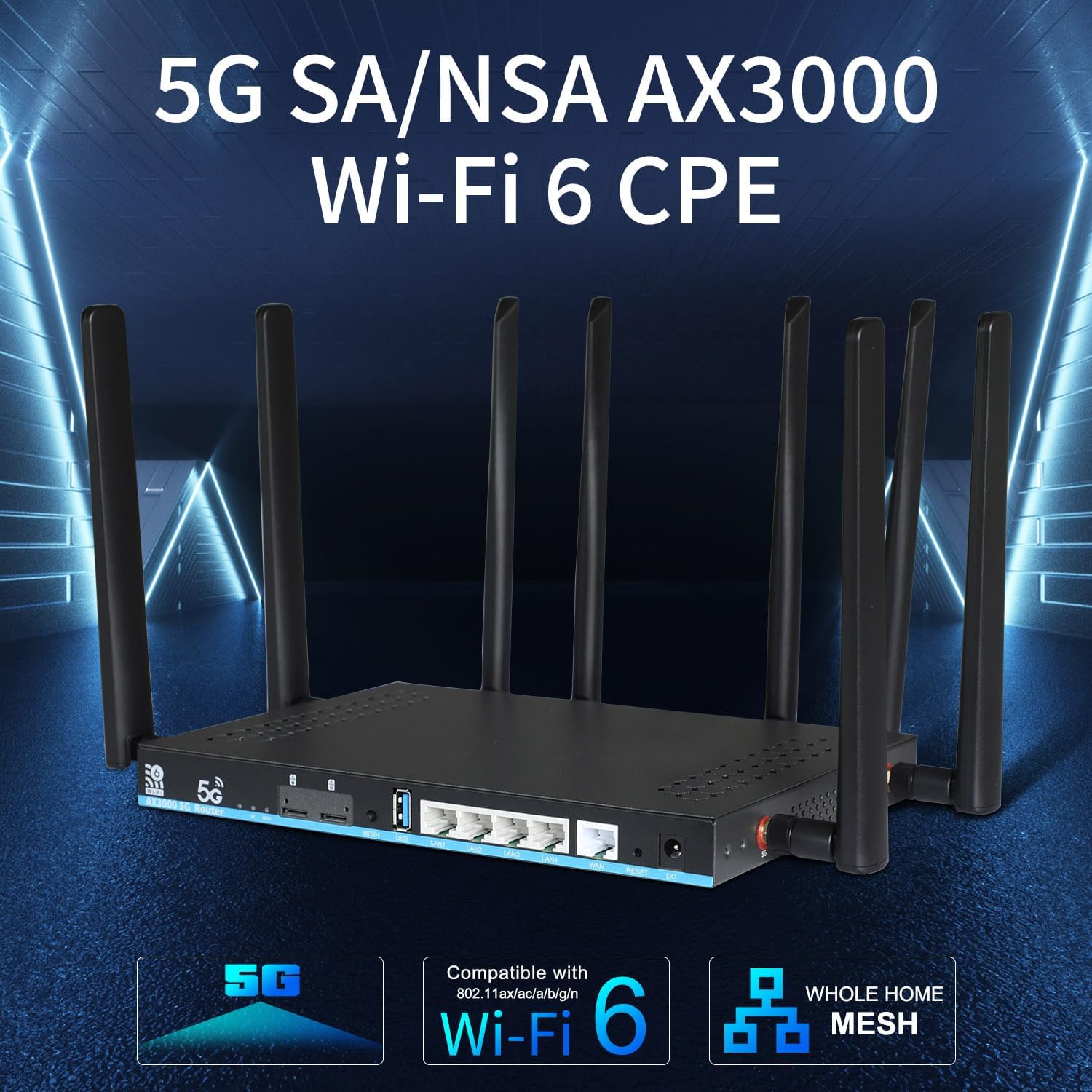5G Router WiFi 6 AX3000 with Dual SIM Slots Gigabit Dual-Band Wireless CPE 4 LAN Ports + USB 3.0 Detachable Antenna Global Compatible for Home/Office Model Z8102AX-T-RM520NGL