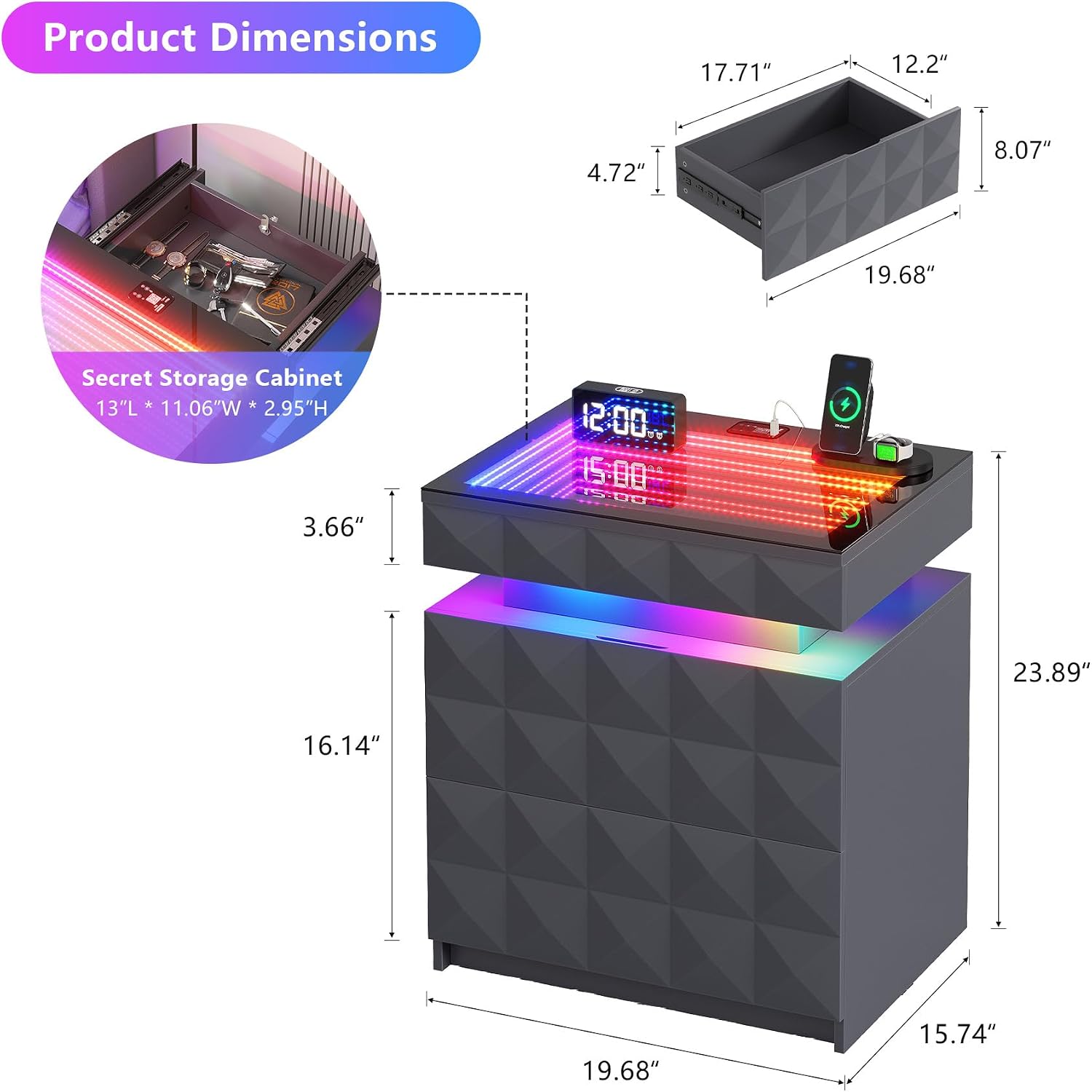 Bedside Table with Charger Station and RGB Lights, Nightstand with 3 Drawers and Sliding Top, Modern Night Stand with Human Body Sensor for Bedroom & Living Room, Grey