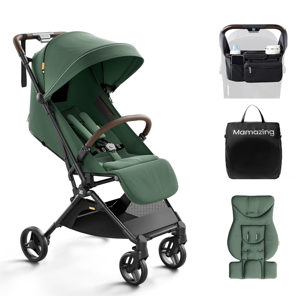 MAMAZING Ultra Air Lightweight Baby Travel Stroller with Carbon Fiber Frame, Compact & Airplane-Friendly, One-Handed Fold, 11.6 lbs, Perfect for Toddlers, Organizer & Cushion Included, Green