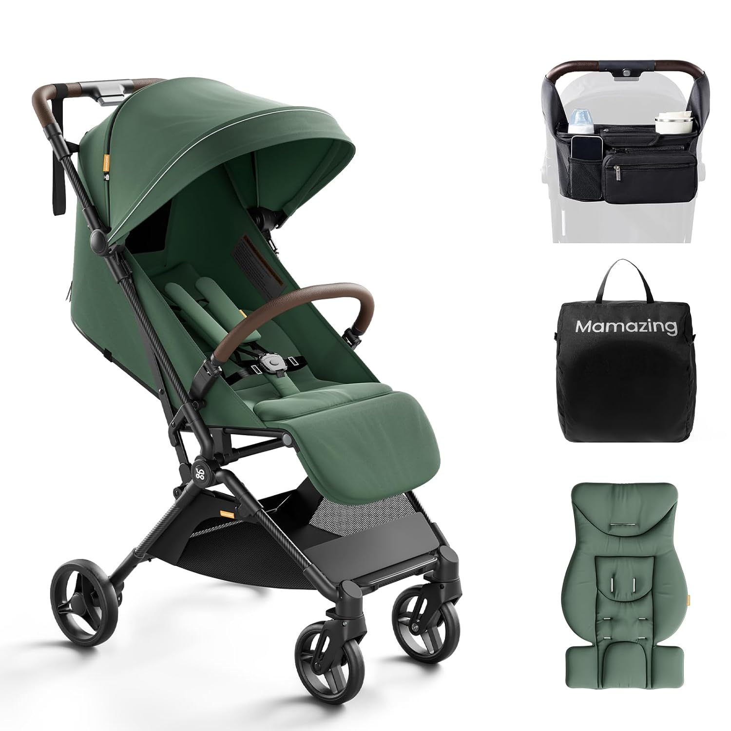 MAMAZING Ultra Air Lightweight Baby Travel Stroller with Carbon Fiber Frame, Compact & Airplane-Friendly, One-Handed Fold, 11.6 lbs, Perfect for Toddlers, Organizer & Cushion Included, Green