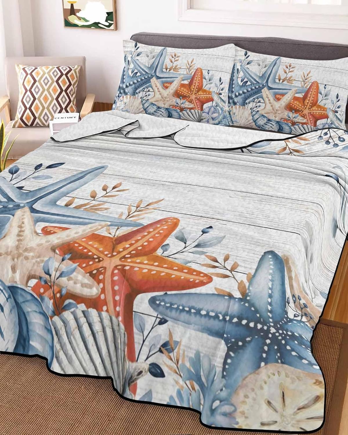 Quilt King Size Bedding Set, Orange Blue Starfish Coastal Lightweight Summer Quilt 3 Pieces Bedding Sets, Summer Beach Eucalyptus Retro Reversible Soft Bedspreads Coverlets with 2 Pillow Shams