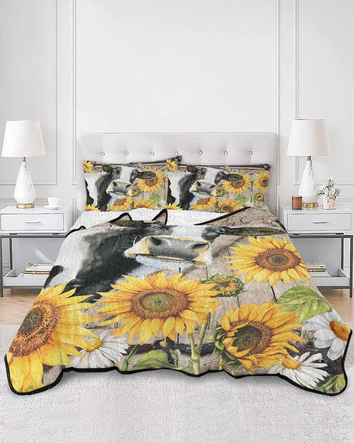 Quilt King Size Bedding Set, Retro Farmhouse Flower Lightweight Summer Quilt 3 Pieces Bedding Sets, Yellow Sunflowers Cow Barn Doors Brown Reversible Soft Bedspreads Coverlets with 2 Pillow Shams