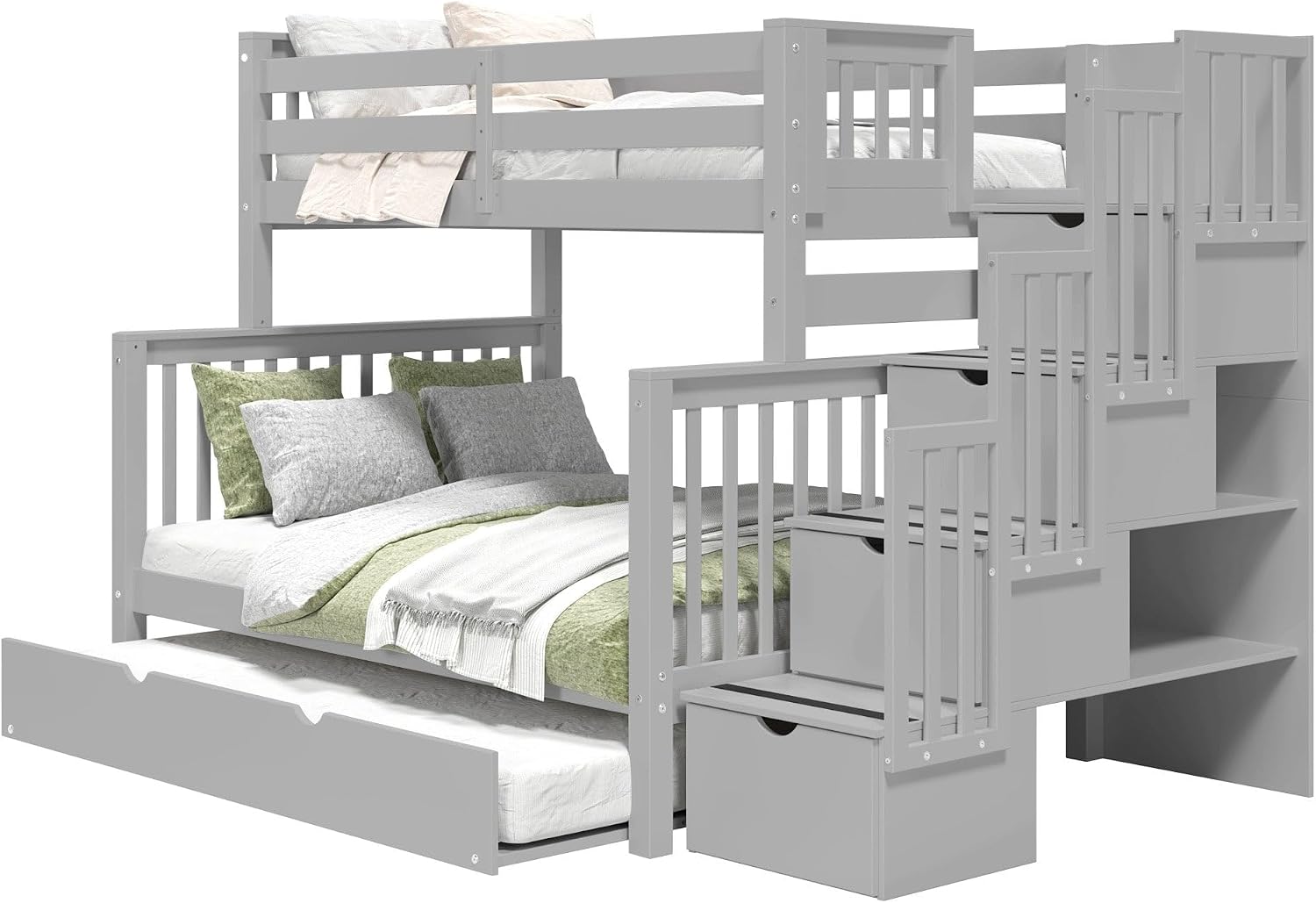 Bedz King Stairway Bunk Beds Twin Over Full, 4 Step Drawers, Twin Trundle, Gray