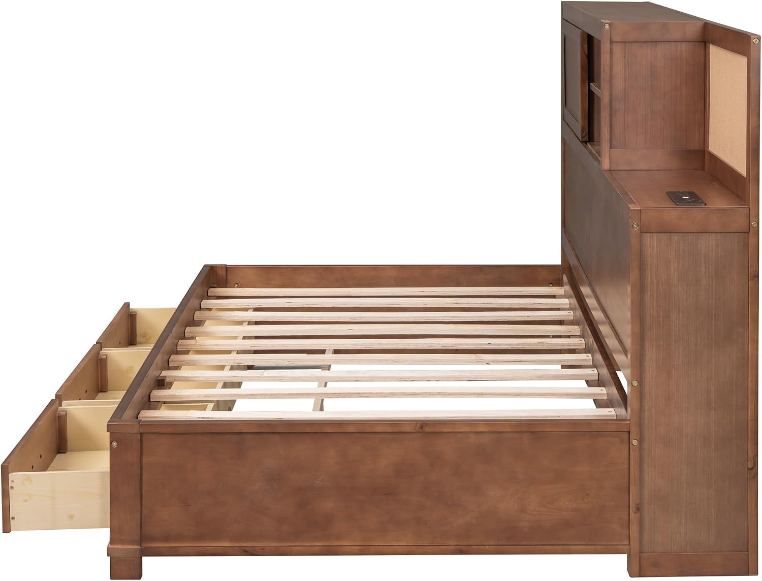 Twin Size Wooden Daybed with 3 Storage Drawers and Shelf, Multi-Functional Sofa Bed Frame with Upper Soft Board, USB Ports and A Set of Sockets for Kids Teens Adults (Brown-OP43)