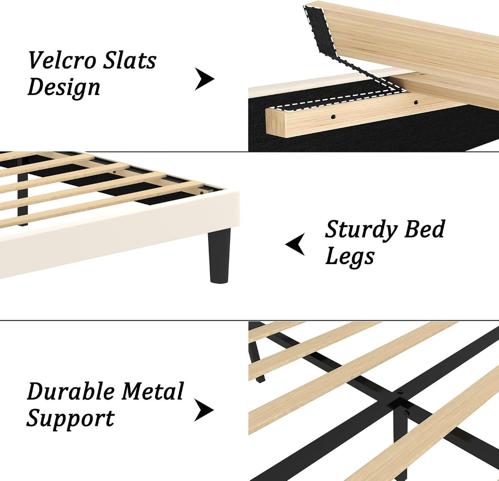 Twin Size Bed Frames with Upholstered Wingback Headboard, Easy Assemnly Platform Bed and Heavy Duty Wooden Slats Support, Noise-Free, No Box Spring Needed (Cream, Twin)