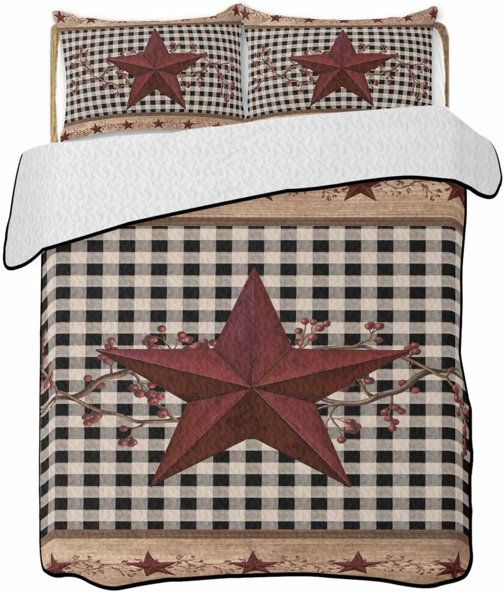 Quilt King Size Bedding Set, Red Texas Star Farmhouse Lightweight Summer Quilt 3 Pieces Bedding Sets, Black Plaid Berry Country Reversible Soft Bedspreads Coverlets with 2 Pillow Shams for All Season
