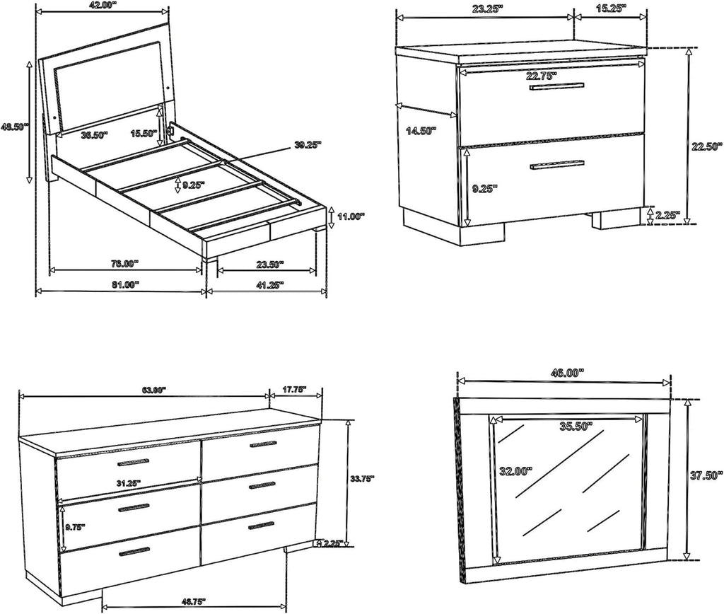 Benjara Sok 4pc Twin Size Bedroom Set- Modern White/LED Upholstered Headboard