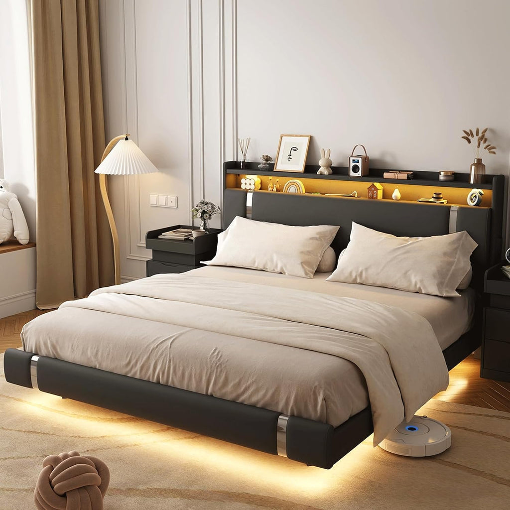 Floating Bed Frame with Storage Headboard, Modern Black King Size Bed Frame with LED Light and Charging Station, Upholstered Platform Bed Frame, No Box Spring Needed, Metal Frame Noise-Free