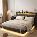 Floating Bed Frame with Storage Headboard, Modern Black King Size Bed Frame with LED Light and Charging Station, Upholstered Platform Bed Frame, No Box Spring Needed, Metal Frame Noise-Free