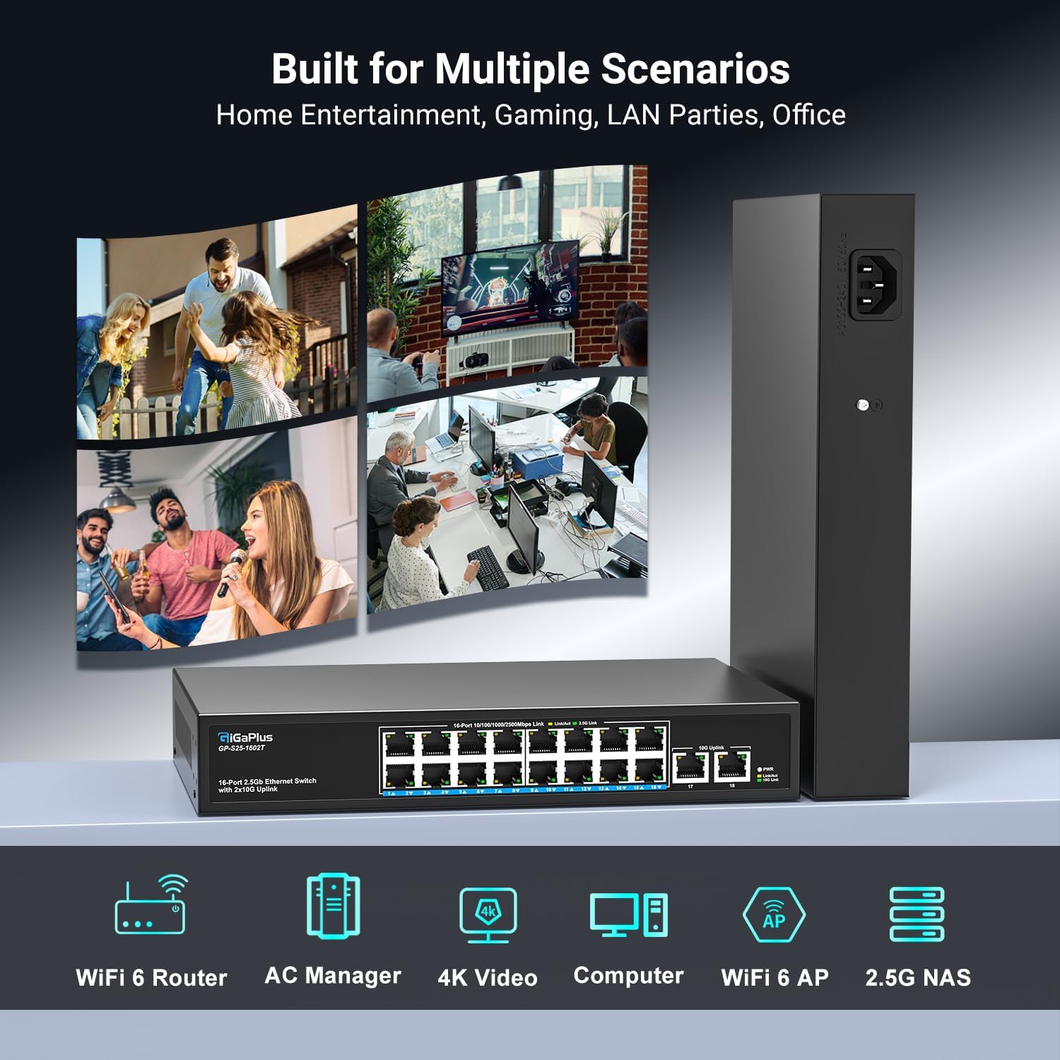 18 Ports 10Gb Unmanaged Ethernet Switch with 16*2.5G Base-T Ports, 2*10G RJ45 Ports. 120Gbps Switching Capacity, GiGaPlus 10Gbps Network Switch for 2.5G/10Gbps NAS/PC, WiFi6 Router, Wireless AP