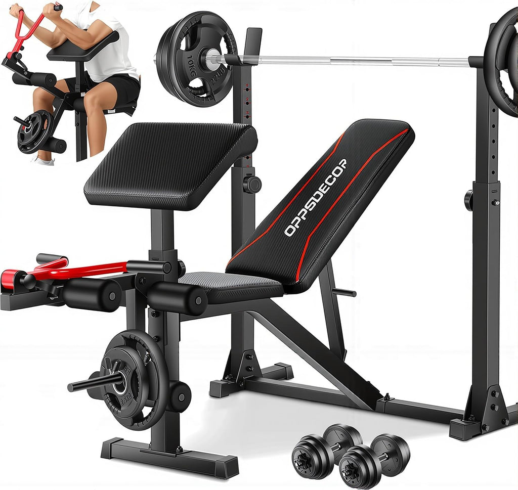 OPPSDECOR 3.0 Pro Weight Bench Set for Home Gym, ASTM-Certified 900 LBS Bench Press Set with Leg Extension, Preacher Curl Pad, Barbell Rack, J-Hooks and Safety Bar Catches for Full Body Workout
