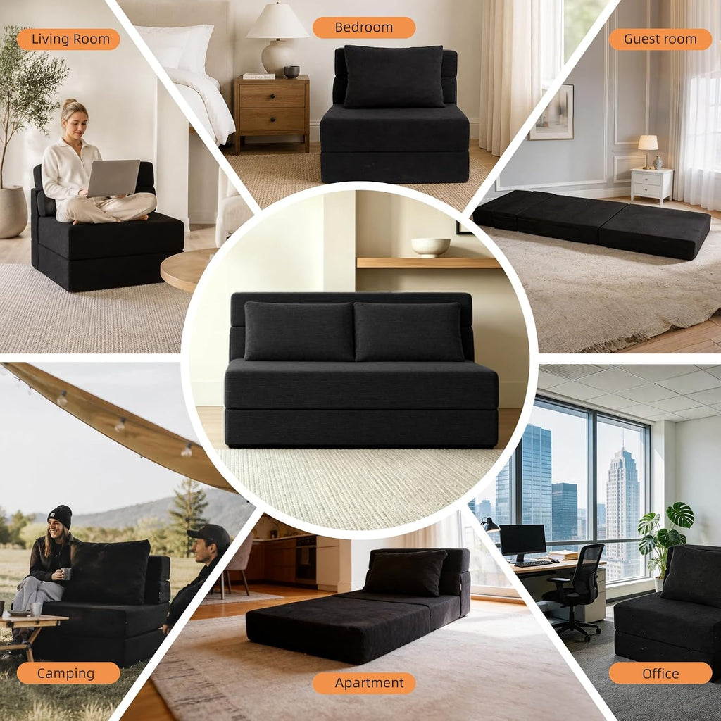 Folding Sofa Bed,Convertible Sleeper Chair with Pillow, Loveseat Fold Out Chair Bed, Memory Foam Floor Couch Mattress, Foldable Futon Couch Lounge for Living Room(Black-Corduroy, Twin XL)